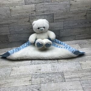 My Banky Teddy Bear Hugs White Blue Satin Plush Security Baby Blanket Lovey